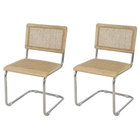 Kit 2 Cadeiras de Jantar Cesca com Base Inox Assento Encosto em Palha Trançada para Sala de Estar