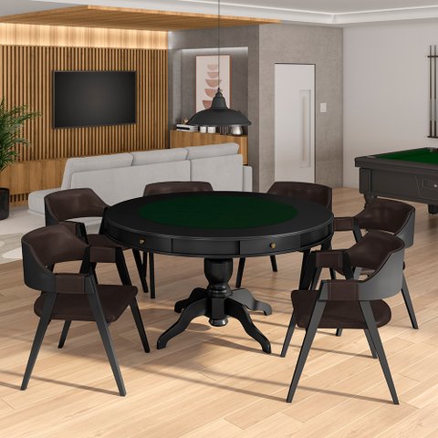 Conjunto Mesa de Jogos Carteado Bellagio Tampo Reversível e 6 Cadeiras Madeira Poker Base Estrela Pu