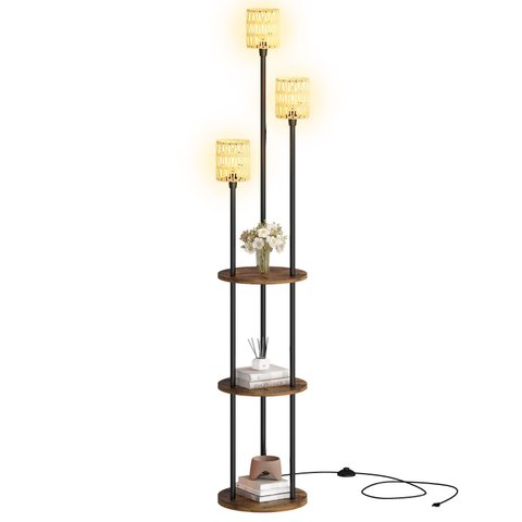 Luminária de Chão com 3 Luzes e Prateleiras Estilo Rattan Madeira e Metal