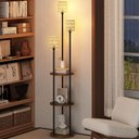Ver imagem 2 de Luminária de Chão com 3 Luzes e Prateleiras Estilo Rattan Madeira e Metal