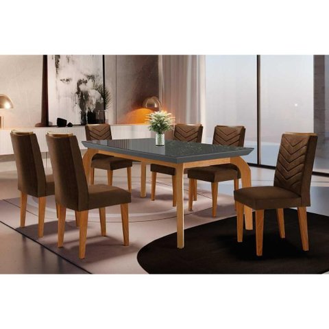 Conjunto: Mesa Sala Jantar Londrina Tampo Madeirado C/ Vidro Curvo 180x90 e 6 Cadeiras Londrina