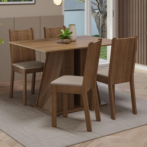 Conjunto Sala de Jantar Mesa Tampo de Madeira 4 Cadeiras Rustic/bege Marilyn Madesa