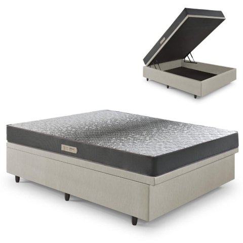 Cama Baú Casal 138x188 Courino Linho Areia com Dual Firm Espuma Ecoflex