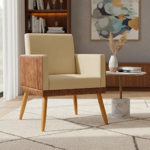 Poltrona Decorativa para Sala Recepção Consultório Escritório Assento Confortável Lis Suede e Corino