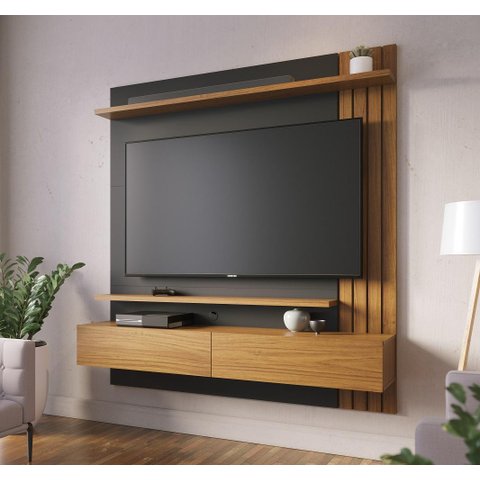 Painel para Tv com Bancada Suspenso Juriti 150mt com 2 Portas e 1 Prateleira Noce Milano / Preto Fos