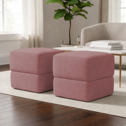 Kit 2 Puffs Decorativos Aloy Bouclé Premium Assento Extra para Sala Quarto Design Moderno Rose