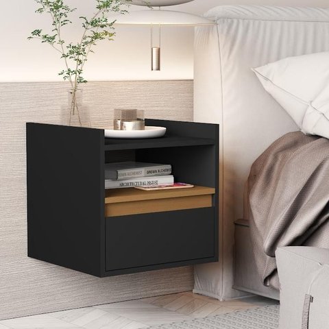 Mesa de Cabeceira Minerva Slim Suspensa com Porta Basculante e Nicho Preto/cedro