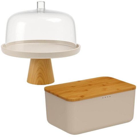 Conjunto Boleira com Cúpula e Migalheira Porta Pão com Tampa Prato Bolos Doces Bege Bambu ou