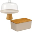 Ver imagem 1 de Conjunto Boleira com Cúpula e Migalheira Porta Pão com Tampa Prato Bolos Doces Bege Bambu ou