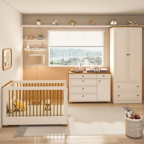 Quarto de Bebê com Berço com Colchão, Cômoda e Guarda-Roupa Baby Ananda Casatema MadeiraOriginals Bege/Offwhite/Mel