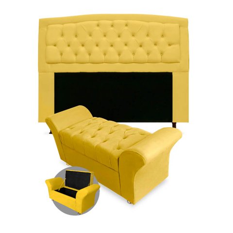 Kit Cabeceira Geovana + Calçadeira Baú Veneza King Size 195cm Suede - Ecotec Decor:Amarelo