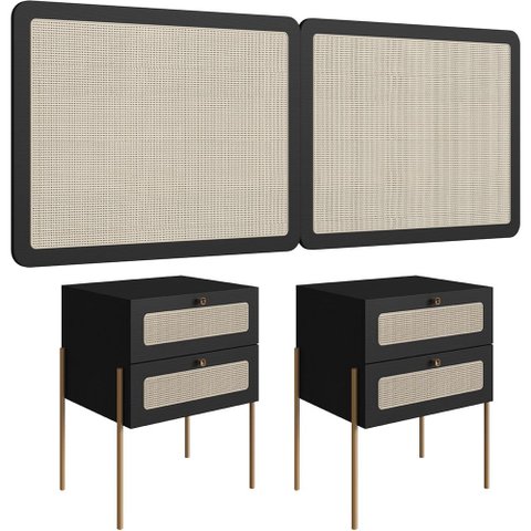 Cabeceira Queen 160cm e 2 Mesas Laterais 2 Gavetas Industrial Indy A03 Nero - Lyam Decor