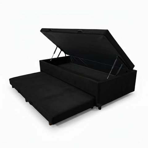 Cama Box Baú Solteiro com Auxiliar Conjugada | (188x88x42) - Suede Preto
