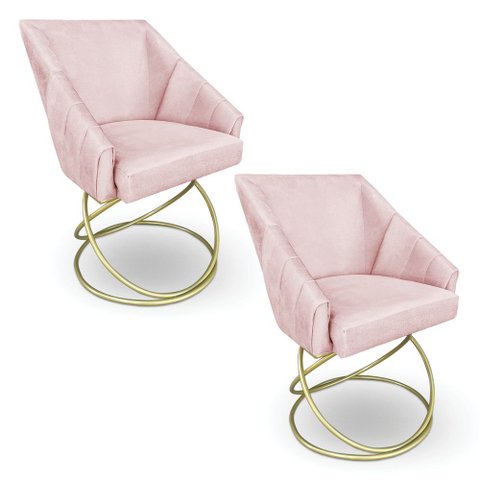 Kit 2 Poltronas Luxo Alana Suede Rosa Bebê Base de Ferro Dourado - Pallazio