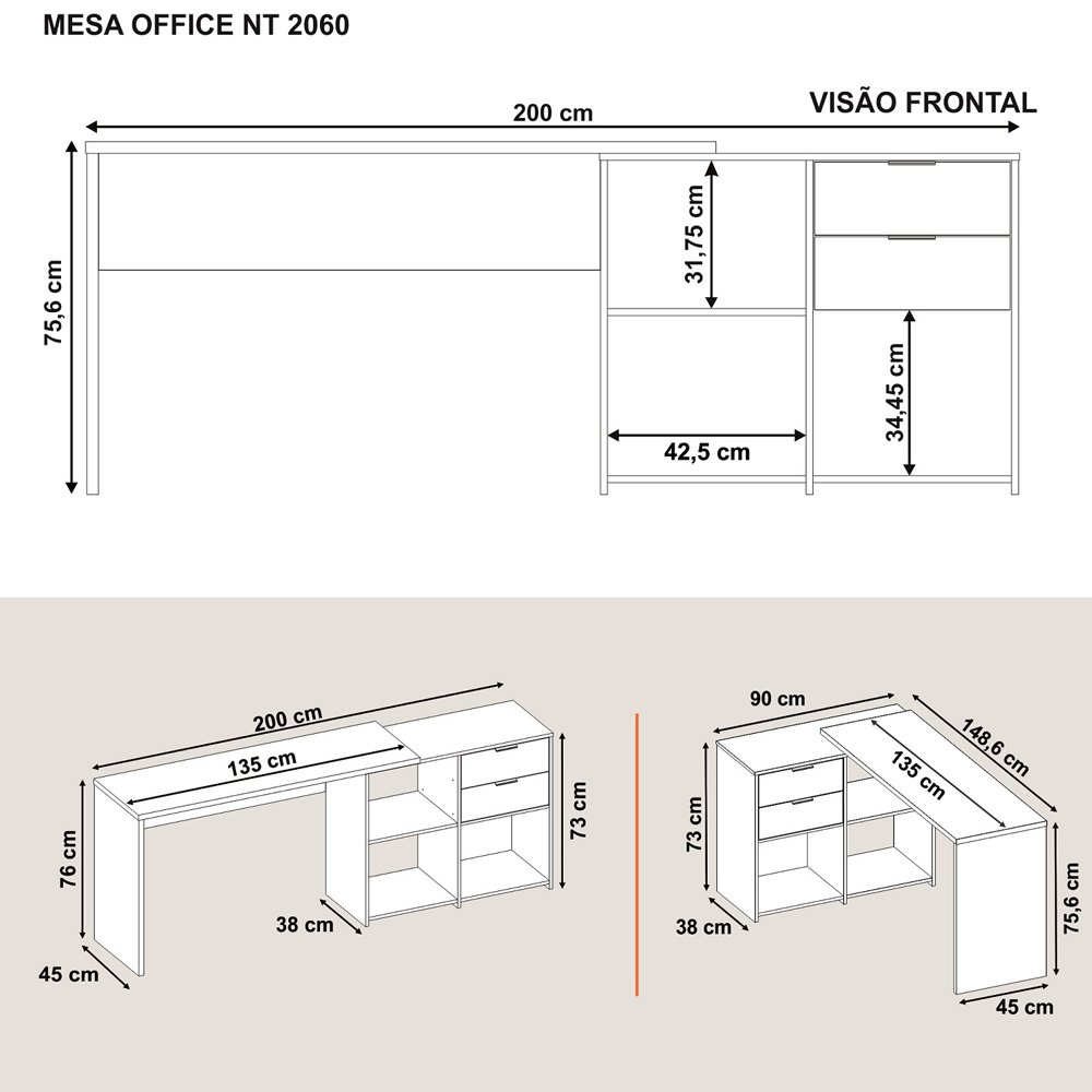 Escrivaninha Mesa Computador Preta Reta ou em L 2 Gavetas Top NT2060 Notável 75x200x45 - 6