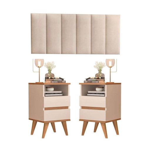 Kit Mesa De Cabeceira Retrô 2 Gavetas -Pop- Com Cabeceira 1,40cm - Off white/nature