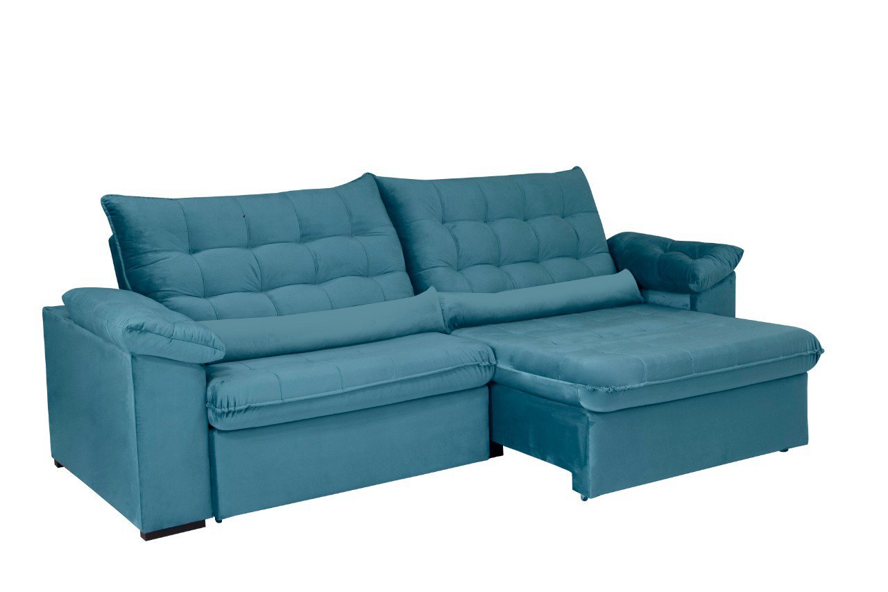 Sofá Retrátil e Reclinável 250 cm Oriental Veludo Azul Turquesa Chamby Móveis - 2