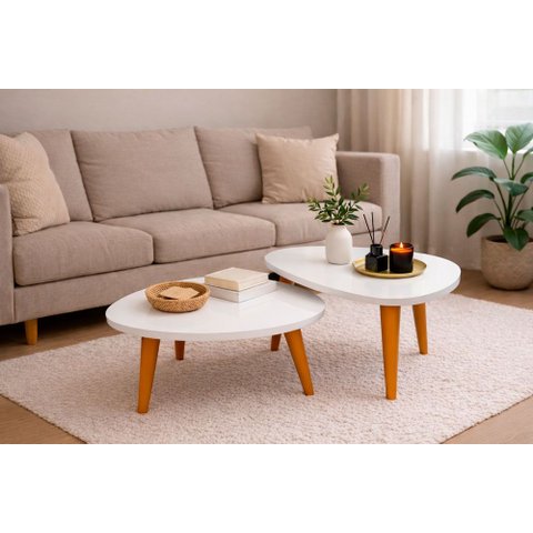 Conjunto 2 Mesas de Centro para Sala de Estar Orgânicas com Pés de Madeira Apoio Decorativas Branco