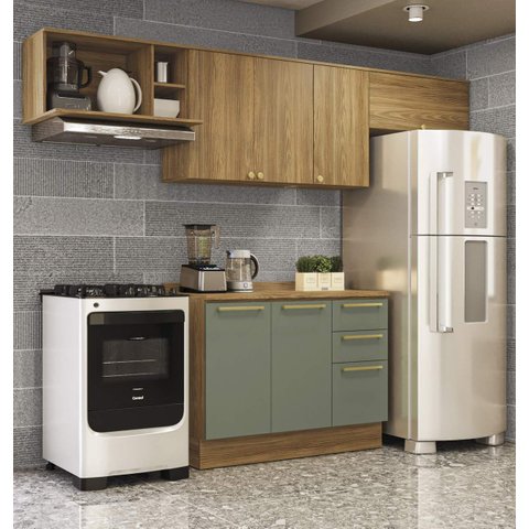 Armário de Cozinha Modulada Completa Reta 5 Peças 2,80m Botanic Kappesberg - Nogueira/Verde Oliva