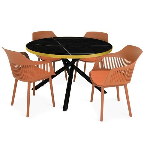 Conjunto Mesa de Jantar Redonda Solaris Preta 120cm com 4 Cadeiras Marcela - Marrom