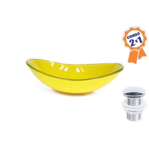CUBA DE VIDRO OVAL 47CM AMARELA + VÁLVULA CLICK