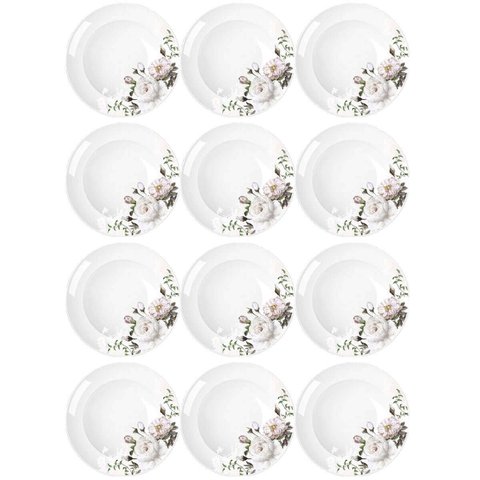 Jogo 12 Pratos Fundos Redondos 23cm Garden em Porcelana com Estampa Floral Germer