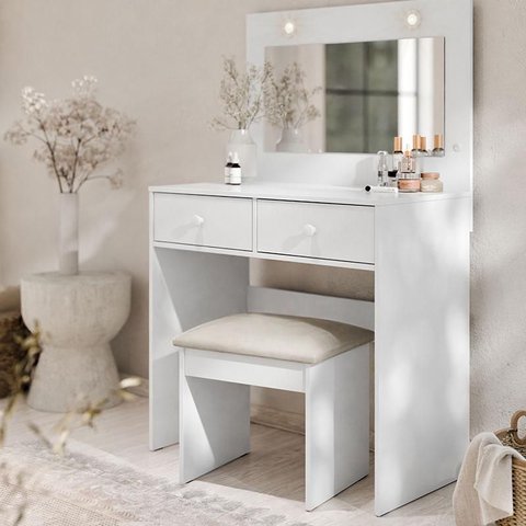 Penteadeira Camarim e Banqueta Maia com Almofada Branco – Luapa Móveis