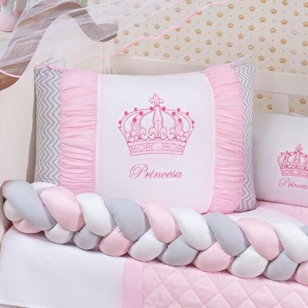 Kit Protetor Berço Trança Menina Princesa Rosa 11 Peças - 5