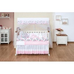 Kit Protetor Berço Trança Bebê Nuvem Chuva Rosa 11 Peças - 5