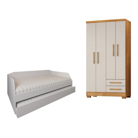 Kit Quarto Sofá-Cama Duo + Guarda-Roupa Paris 4 Portas 2 Gavetas 2 Colchões Branco
