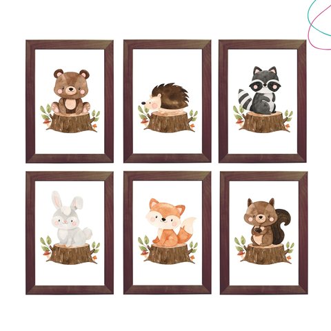 Kit com 6 Quadros Decorativos Animais do Bosque Aquarela:tabaco