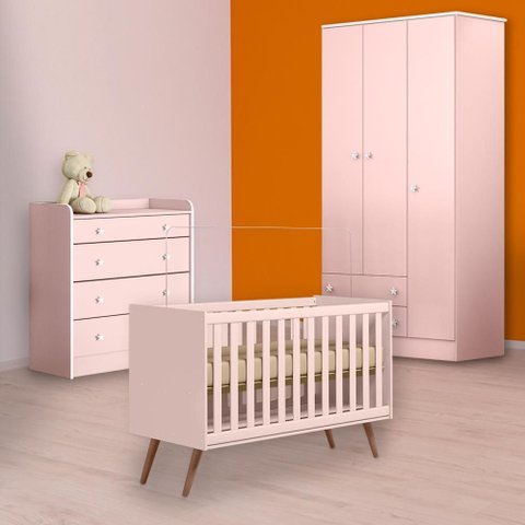 Conjunto Berço Mini Cama Retrô, Cômoda Trocador e Guarda Roupa Rosa