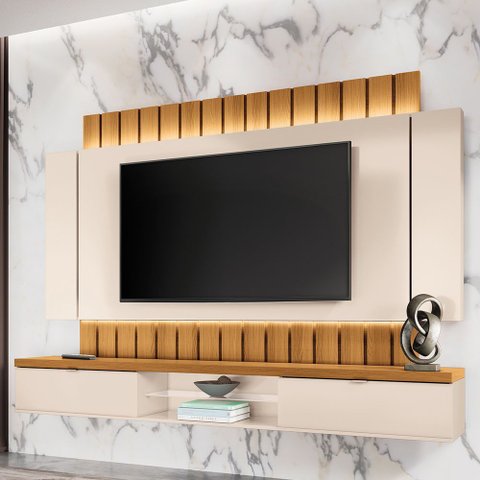 Painel para TV 70 pol Ripado com Bancada Suspensa Luzzi B01 Off White Cinamomo - Lyam Decor