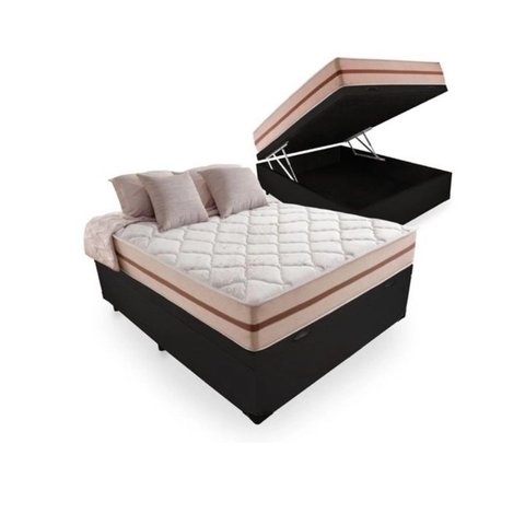 Cama Box Baú Casal Tecido Sintético Preto com Colchão Pillow Angel - Bello Box - Molas Ensacadas 62x