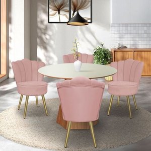 Kit 4 Cadeiras de Jantar Pétala com Pés em Aço Dourado Veludo Rosa Claro Bz Home Decor