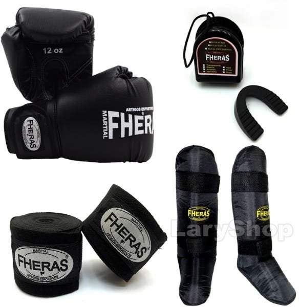 Kit Muay Thai Fheras Luva Caneleira Bandagem Bu. 12oz Preta - 1