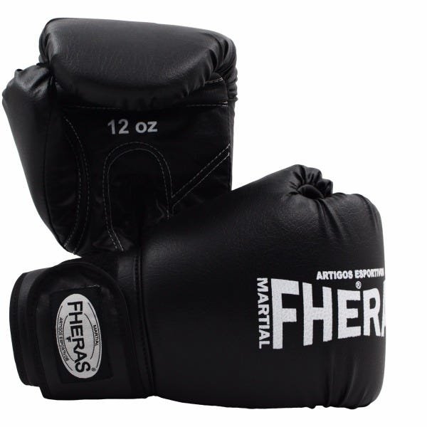Kit Muay Thai Fheras Luva Caneleira Bandagem Bu. 12oz Preta - 2