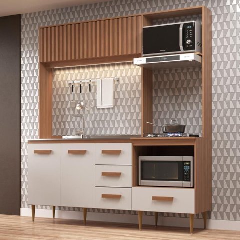 Cozinha Compacta Celine 4 Portas 3 Gavetas MDP 185cm Freijó e Off White