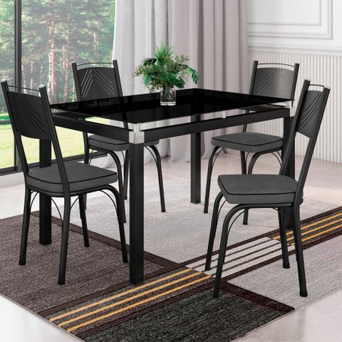 Conjunto Mesa de Jantar Tubular com 4 Cadeiras Malva Tampo Vidro 107cm Sf Preto 151 Assento Andorinh