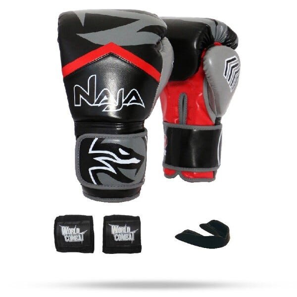 Kit Luva Naja Extreme Preta 14oz / Bandagem e Protetor Bucal - 1