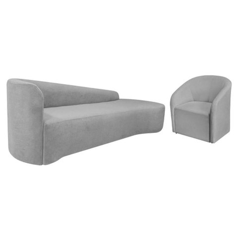 Kit Sofá Curvo França 180cm Ld. e Poltrona Luiza Max Conforto, Linho Cinza Claro