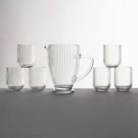 Conjunto Jarra 1,2l com 6 Copos 260ml Vidro Canelado Portina Casa - Prisma Jogo Jarra 1,2l e 6 Copos