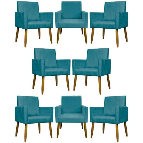 Kit 8 Poltronas Decorativas Mari Pé Palito Castanho - Azul-turquesa Suede