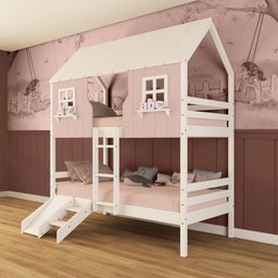 Beliche Casinha Encantada com Kit Escada/ Escorregador Madeira Maciça Rosa/ Branco Megamobilia - 1