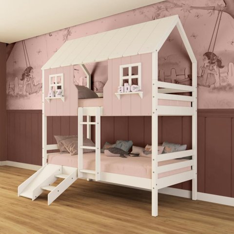 Beliche Casinha Encantada com Kit Escada/ Escorregador Madeira Maciça Rosa/ Branco Megamobilia