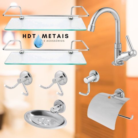 Kit 8 Pc Acessórios para Banheiro ( 2 Porta Shampoo Reto / Torneira Abs Lavat. / 2 Porta Toalha
