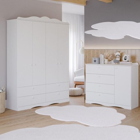 Quarto de Bebê Completo Cômoda Provençal 4 Gavetas Guarda Roupas 4 Portas 4 Gavetas 100% Mdf
