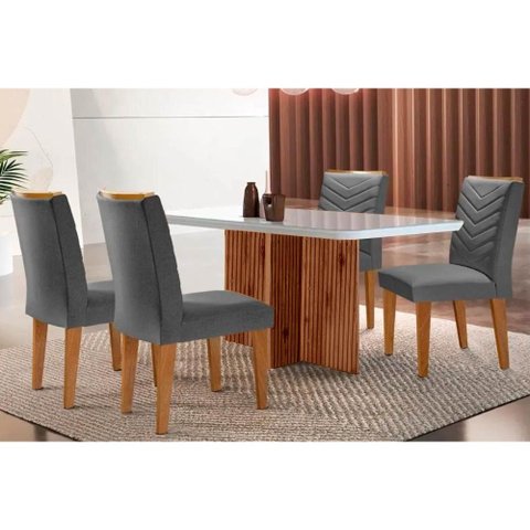 Sala de Jantar Completa Berlim C/ Tampo Madeirado C/ Vidro Canto Curvo 120x80cm e 4 Cadeiras