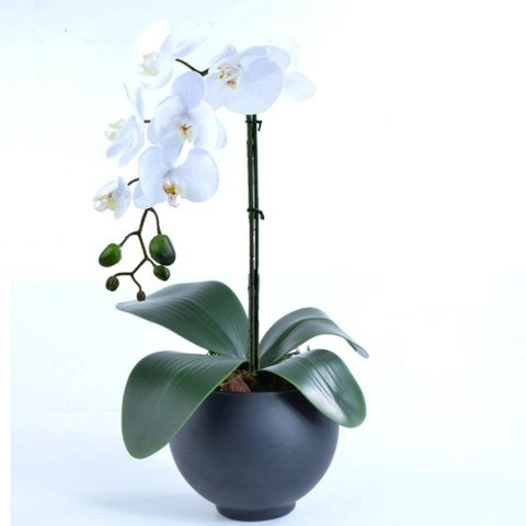 Arranjo de Orquídea Artificial Branca em Vaso Preto Fosco Ceci