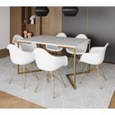 Ver imagem 1 de Mesa Jantar Industrial Branca 137X90Cm Base V Com 6 Poltronas Daw Brancas Base Dourada Cor: Branco